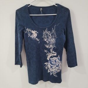 Y2K Vanilla‎ Sugar Womens Top Size Large Fitted Goth Grunge Floral Roses Rock